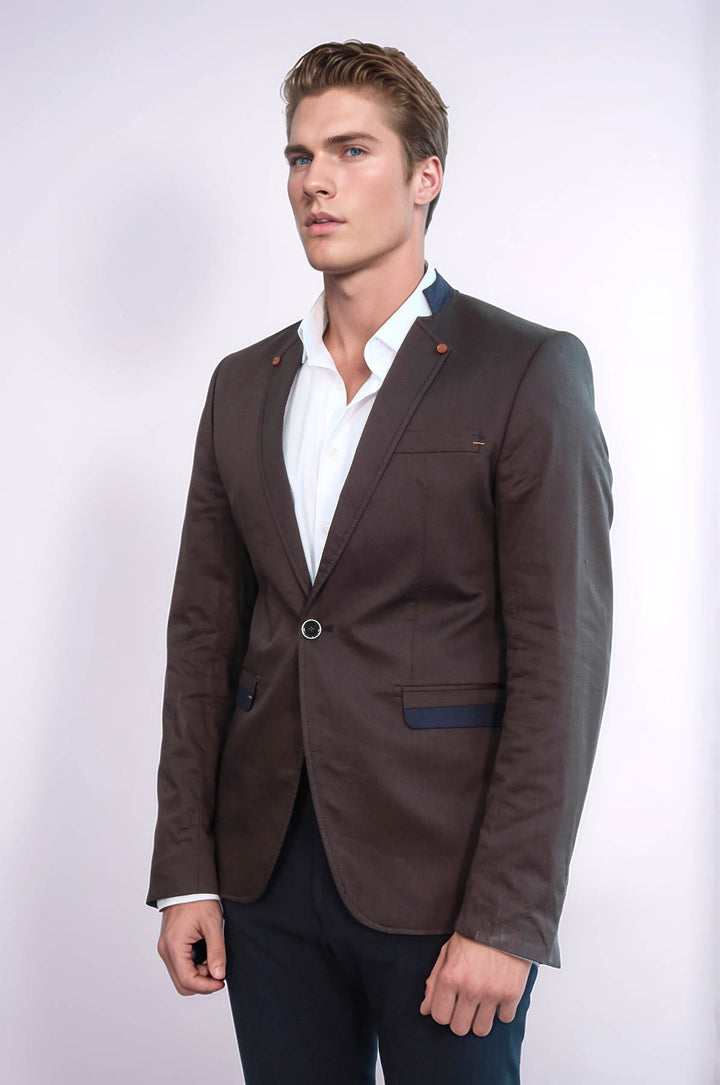 Blazer De Hombre Marrón Con Un Solo Botón Y Cuello Alzado - Wessi