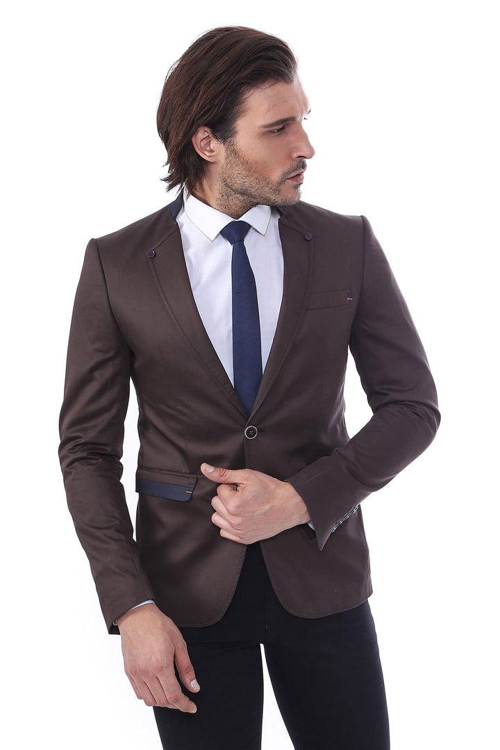 Single Button Standing Collar Brown Men Blazer - Wessi