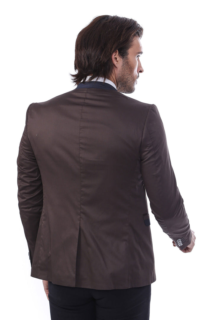 Single Button Standing Collar Brown Men Blazer - Wessi