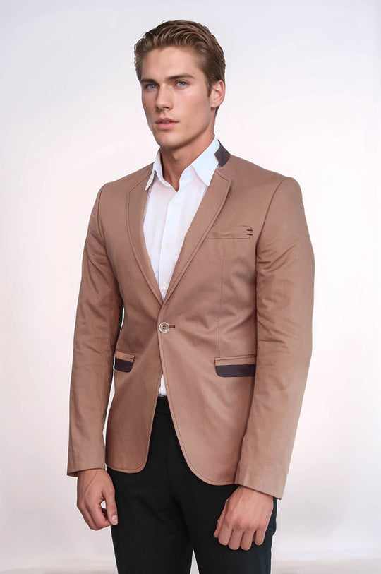 Blazer De Hombre Beige Con Un Solo Botón Y Cuello Alzado - Wessi