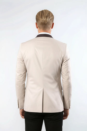 Single Button Standing Collar Cream Men Blazer - Wessi