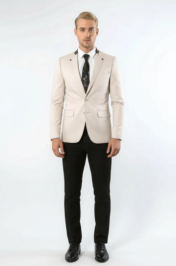 Single Button Standing Collar Cream Men Blazer - Wessi