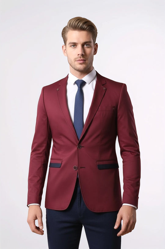 Crew Neck Burgundy Men Blazer - Wessi