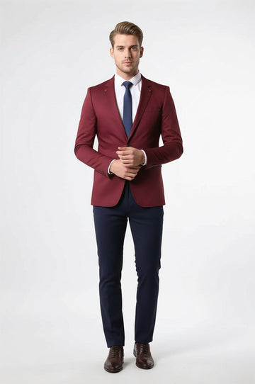 Crew Neck Burgundy Men Blazer - Wessi