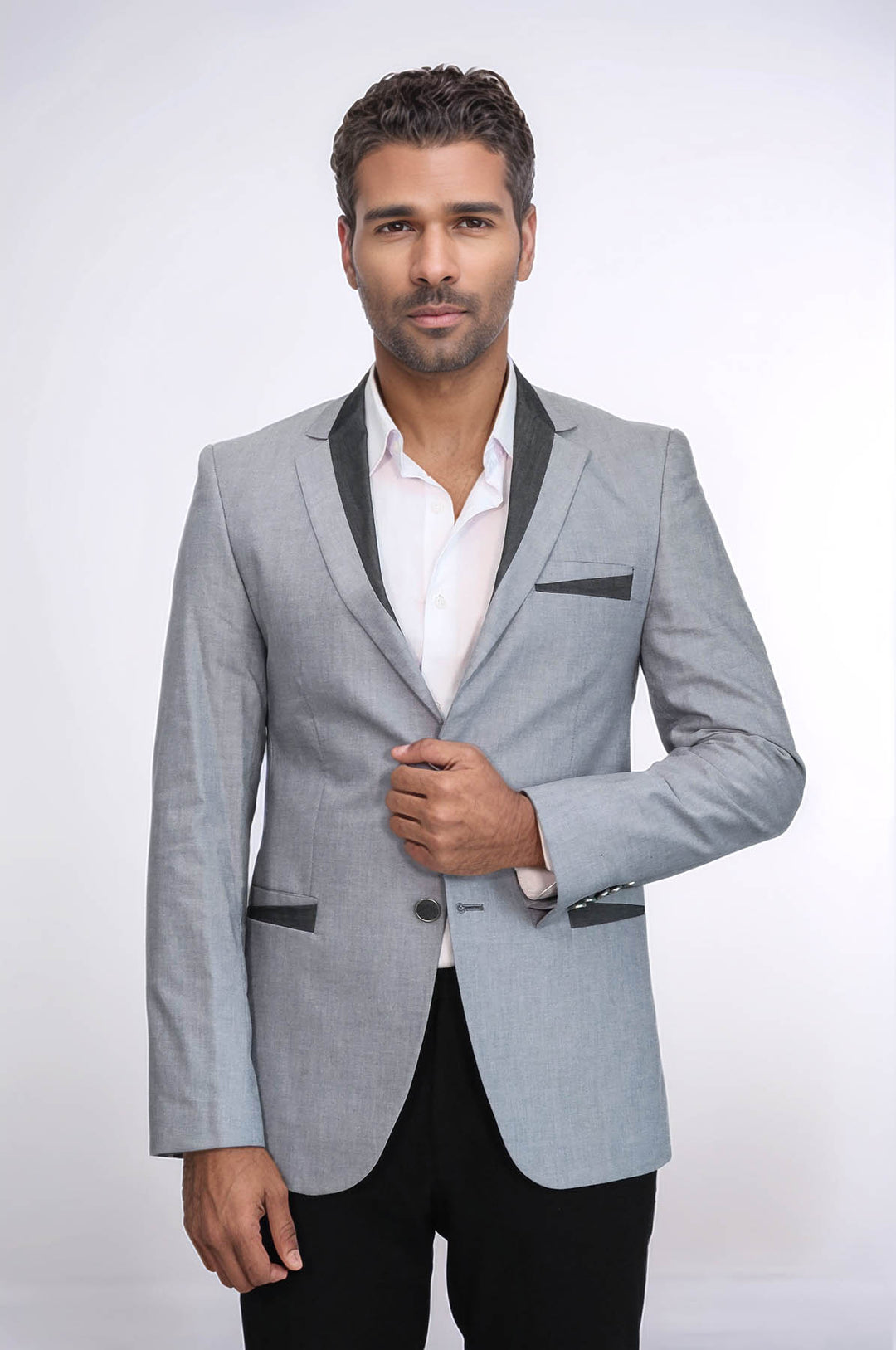 3 Pockets 2 Buttons Cross Piping Grey Jacket-Wessi