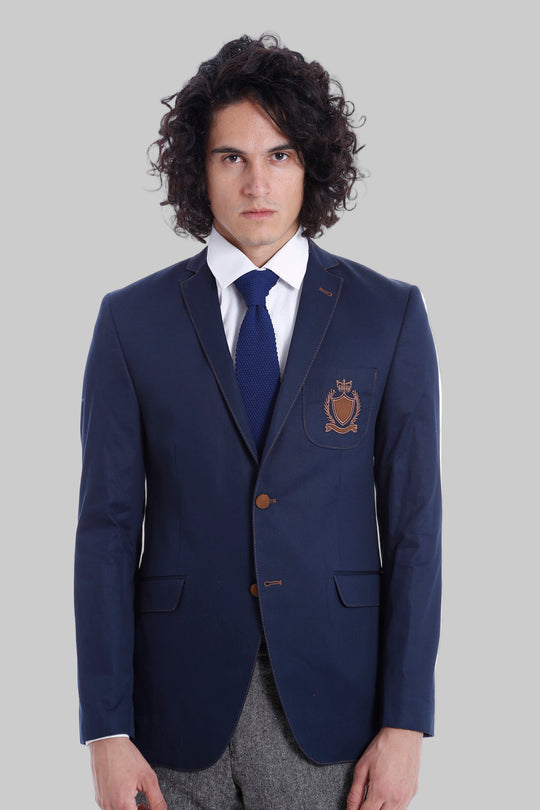 2 Buttons 3 Pockets Crested Cotton Blue Jacket - Wessi