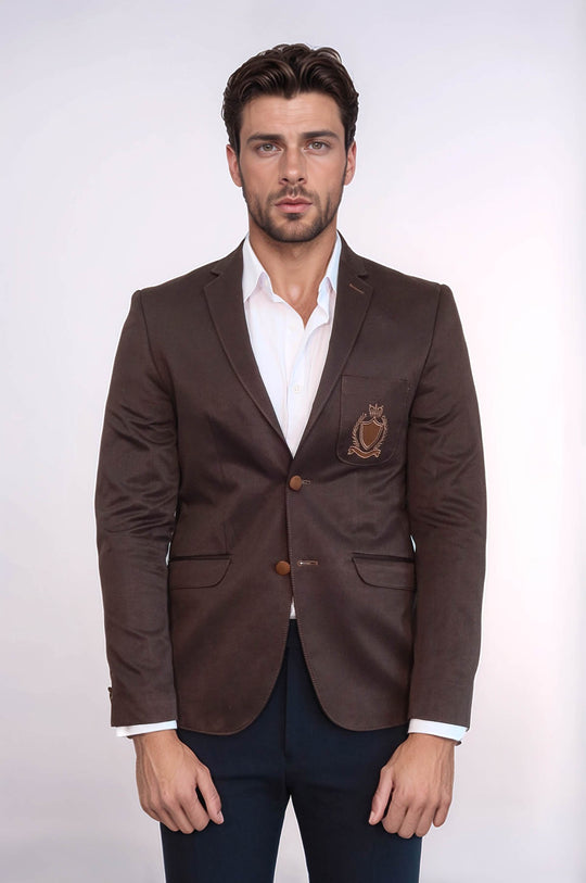 2 Buttons 3 Pockets Crested Cotton Brown Jacket