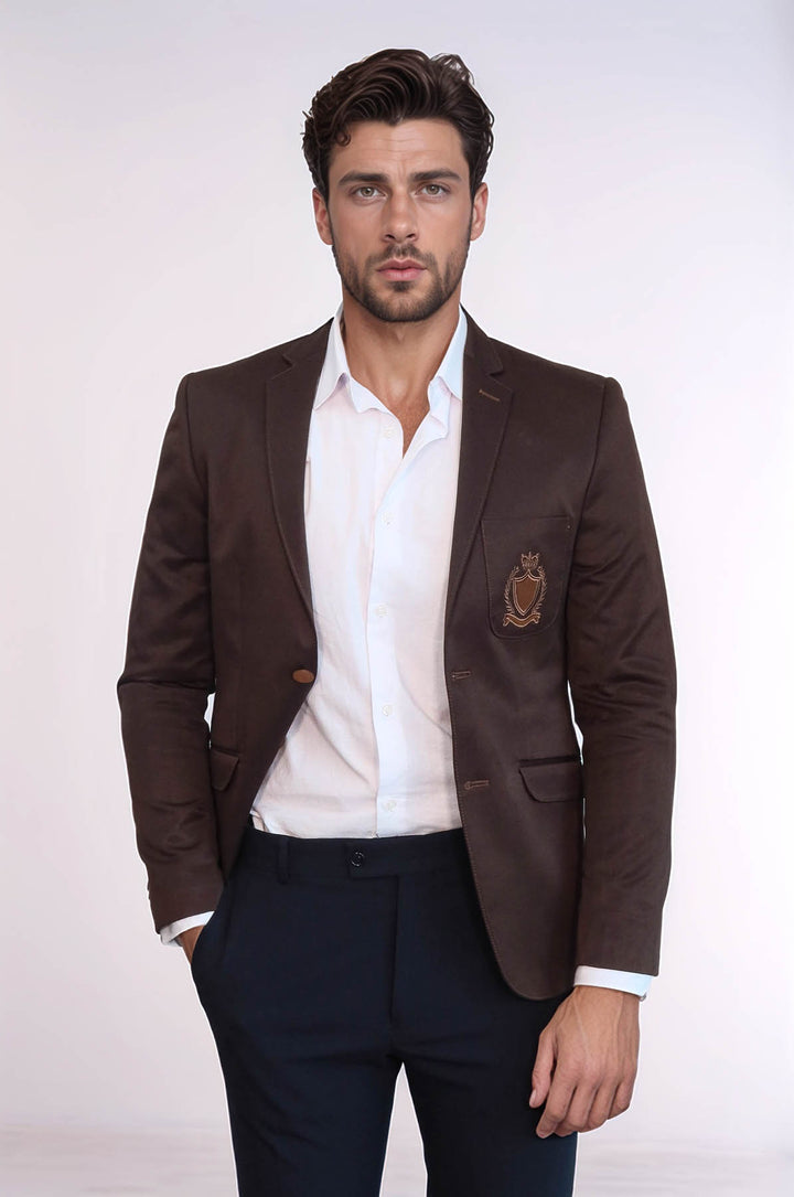 2 Buttons 3 Pockets Crested Cotton Brown Jacket