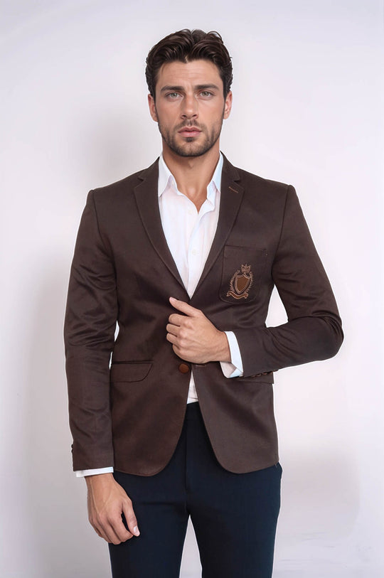 2 Buttons 3 Pockets Crested Cotton Brown Jacket