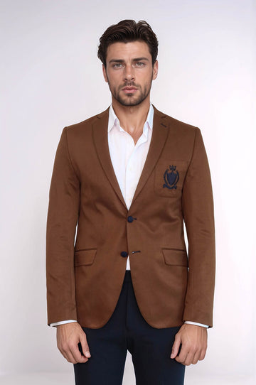 2 Buttons 3 Pockets Crested Cotton Tan Jacket
