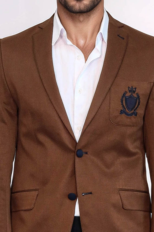 2 Buttons 3 Pockets Crested Cotton Tan Jacket