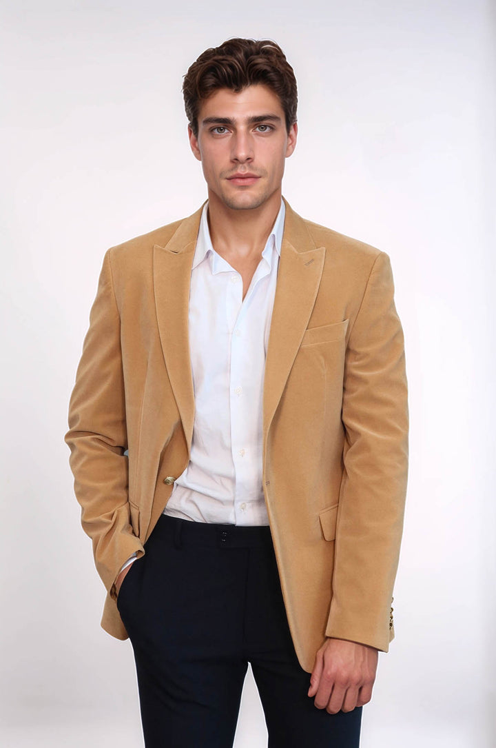 Blazer da uomo in velluto color albicocca con risvolto ampio - Wessi