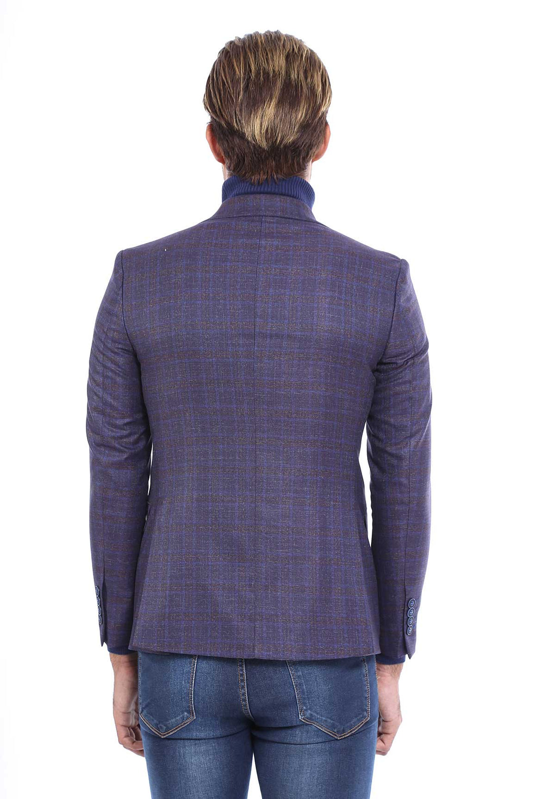 Double Breasted Plaid Burgundy Blazer - Wessi
