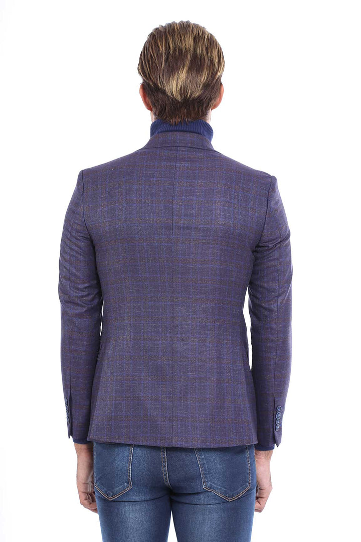 Double Breasted Plaid Burgundy Blazer - Wessi