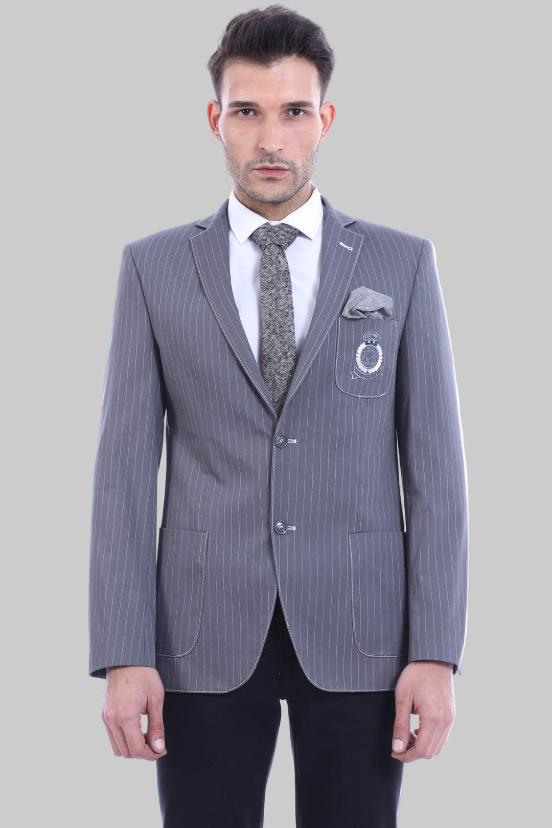 Striped Single Slit Crested Bag Pocket Grey Jacket-Wessi