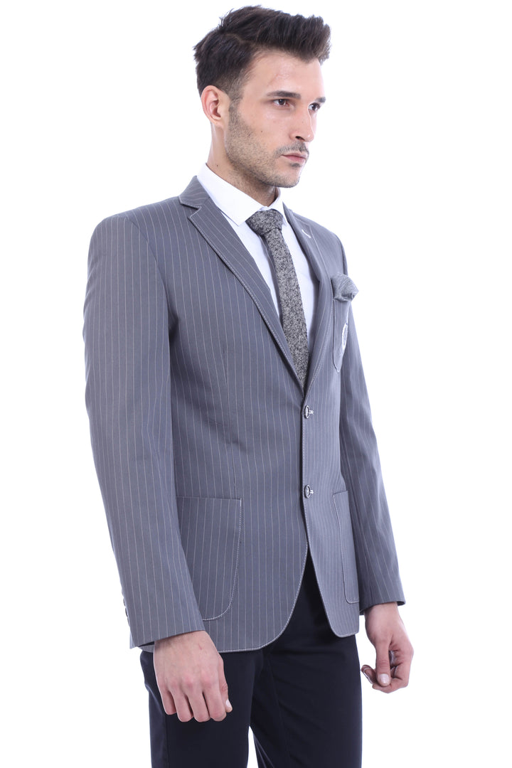 Striped Single Slit Crested Bag Pocket Grey Jacket-Wessi