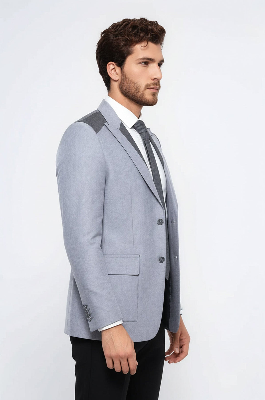 Double Button Bag Pocket Pointed Collar Light Grey Jacket-Wessi