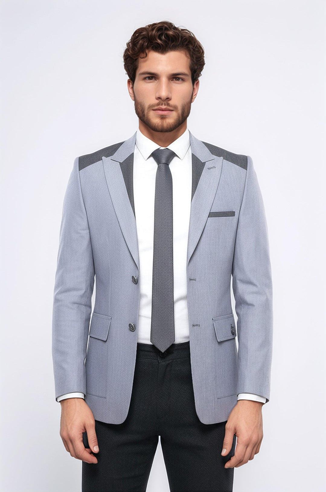 Double Button Bag Pocket Pointed Collar Light Grey Jacket-Wessi