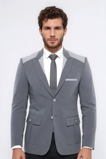 Double Button Bag Pocket Pointed Collar Grey Jacket-Wessi
