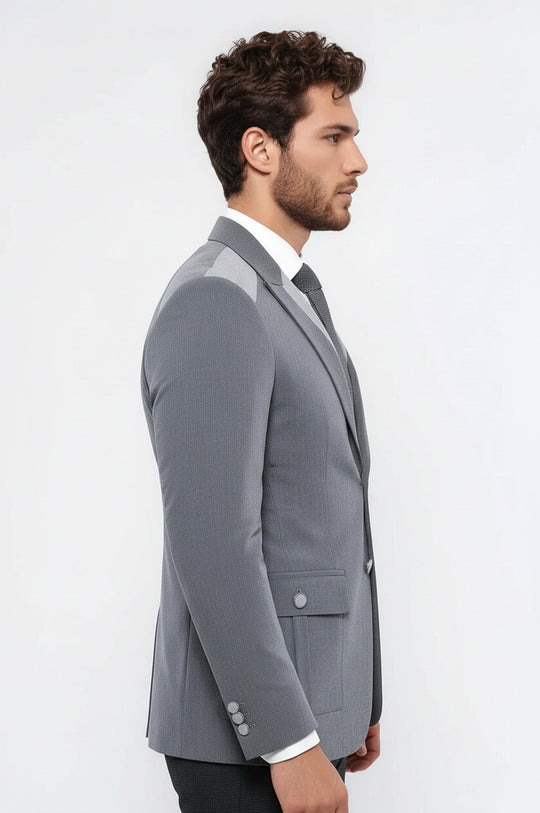 Double Button Bag Pocket Pointed Collar Grey Jacket-Wessi