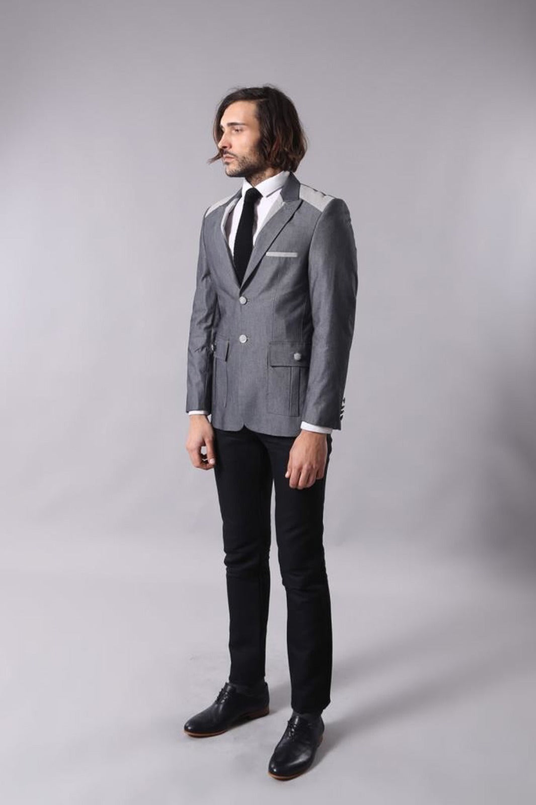 Double Button Bag Pocket Pointed Collar Grey Jacket-Wessi