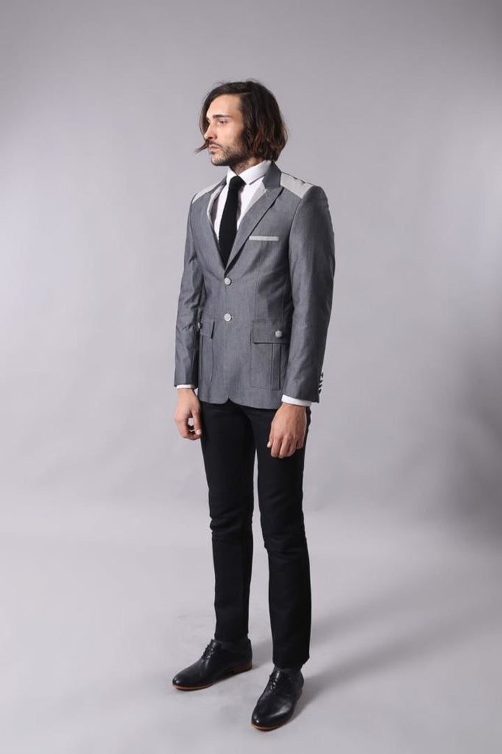 Double Button Bag Pocket Pointed Collar Grey Jacket-Wessi