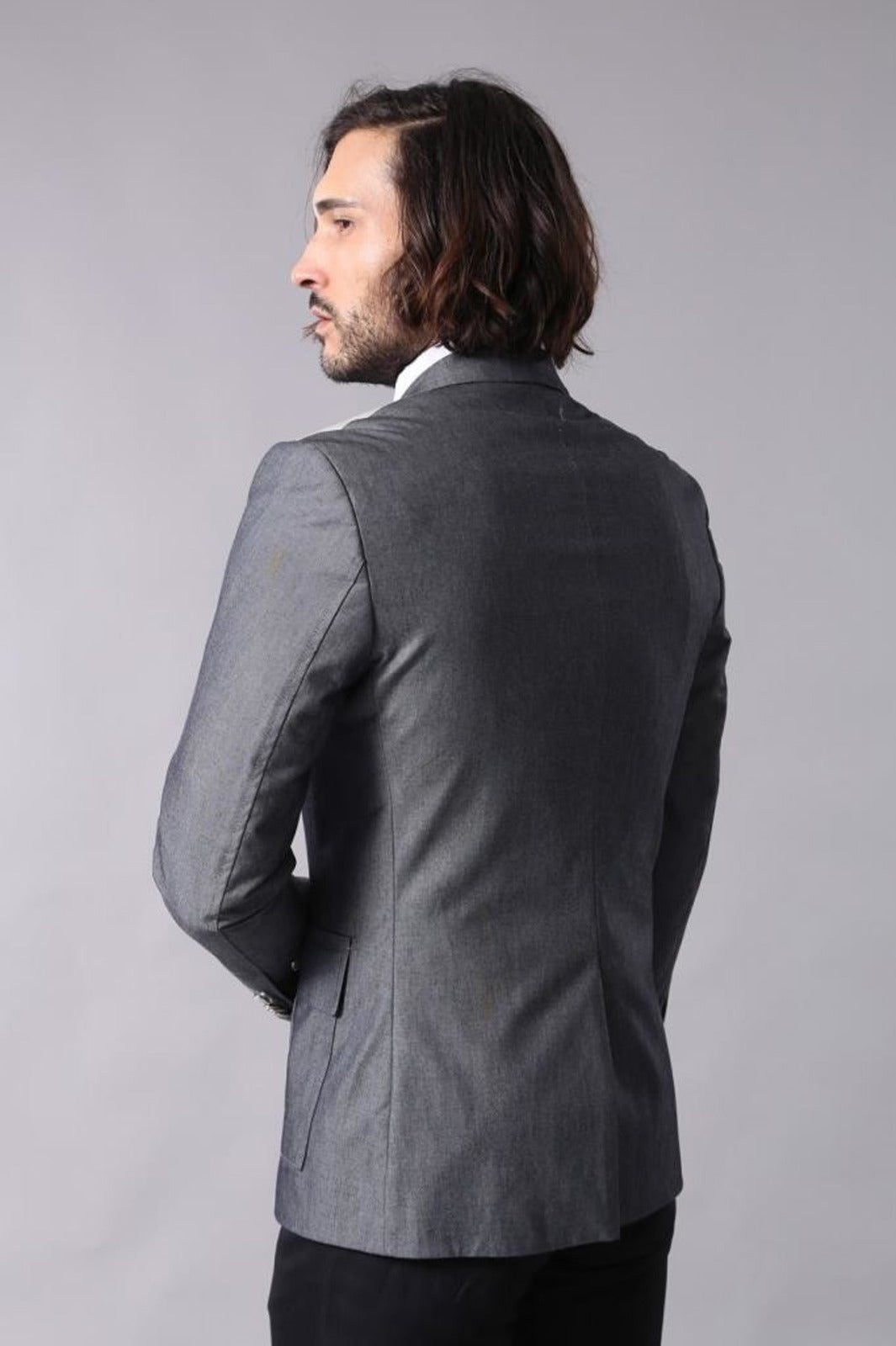 Double Button Bag Pocket Pointed Collar Grey Jacket-Wessi