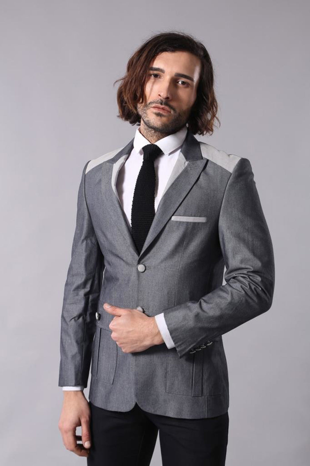 Double Button Bag Pocket Pointed Collar Grey Jacket-Wessi
