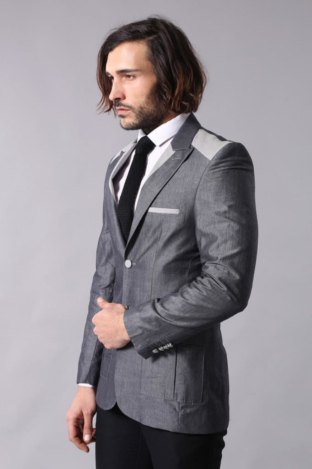 Bolso con doble botón Bolsillo Cuello puntiagudo Chaqueta gris-Wessi