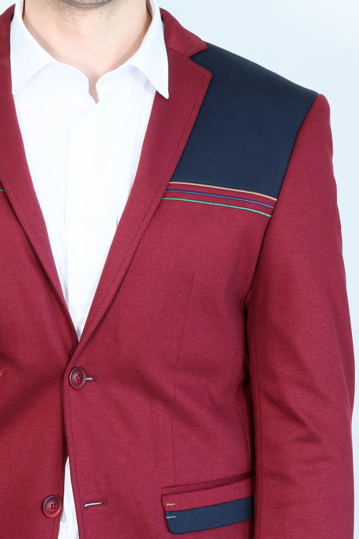Collar Embroidery Combed Burgundy Men Jacket - Wessi