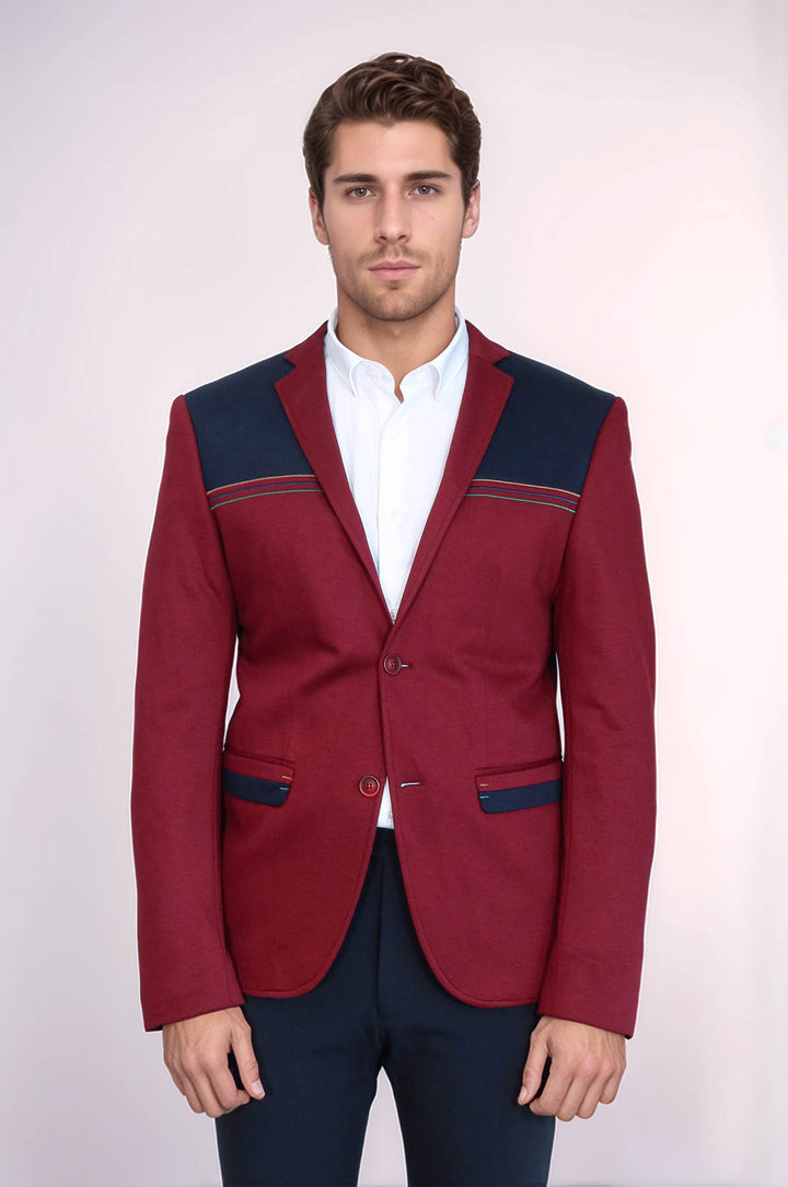 Collar Embroidery Combed Burgundy Men Jacket - Wessi