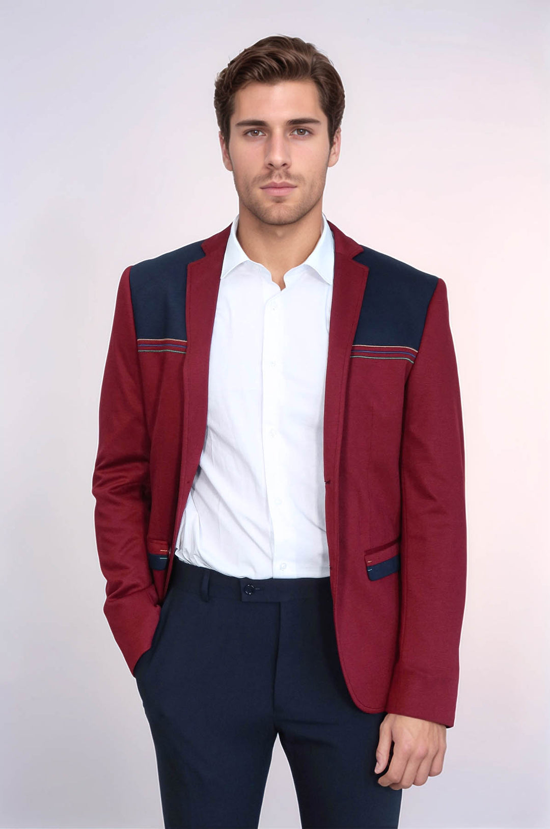 Collar Embroidery Combed Burgundy Men Jacket - Wessi