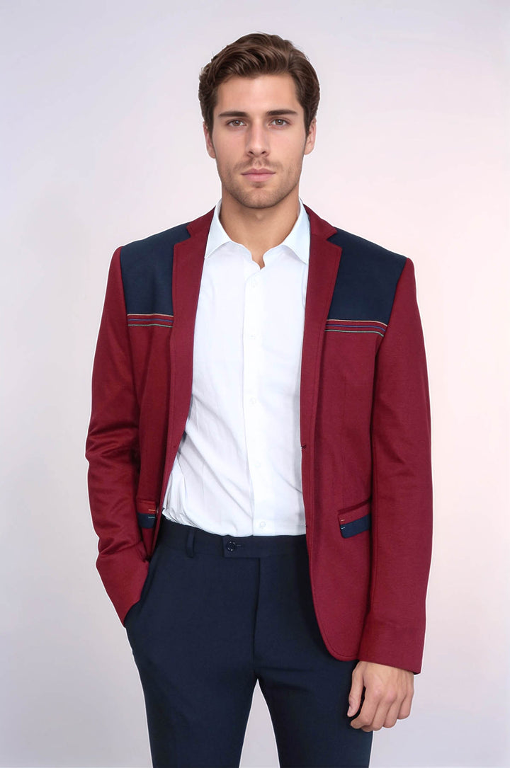 Collar Embroidery Combed Burgundy Men Jacket - Wessi
