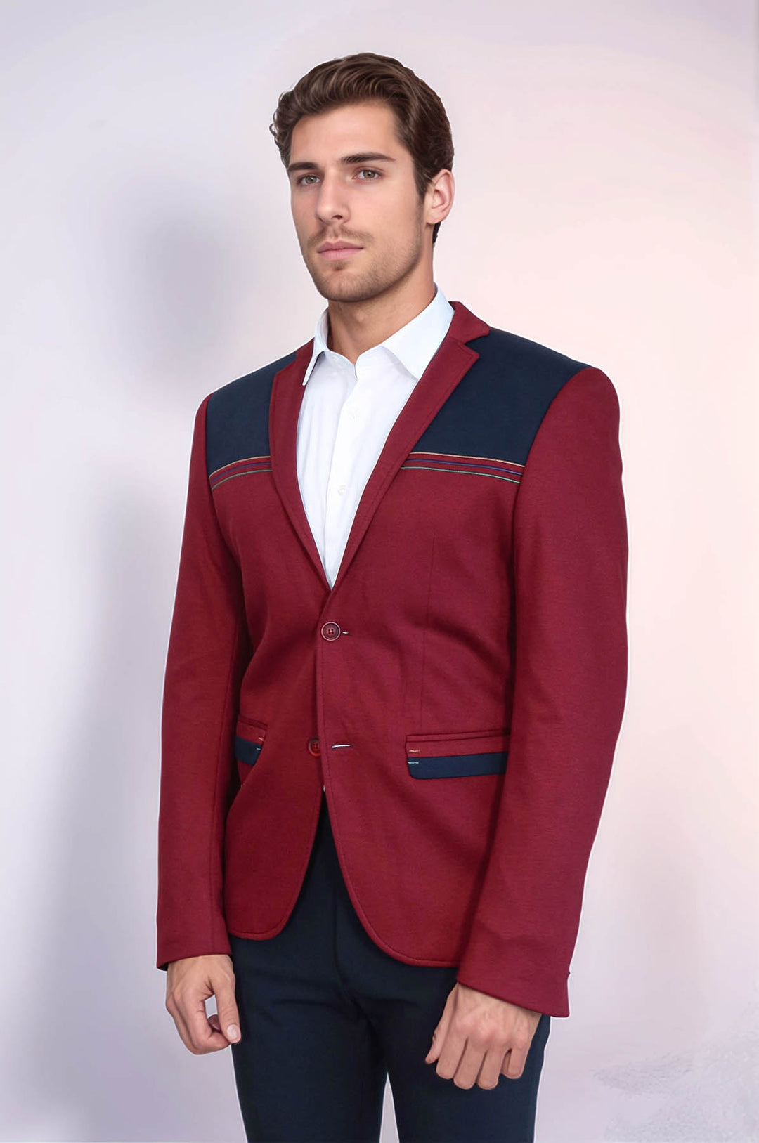 Collar Embroidery Combed Burgundy Men Jacket - Wessi