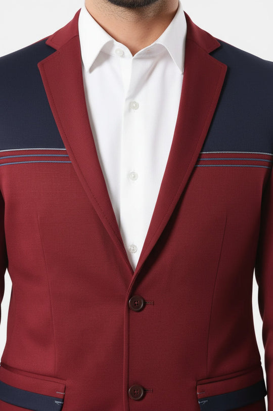 Collar Embroidery Combed Burgundy Men Jacket - Wessi
