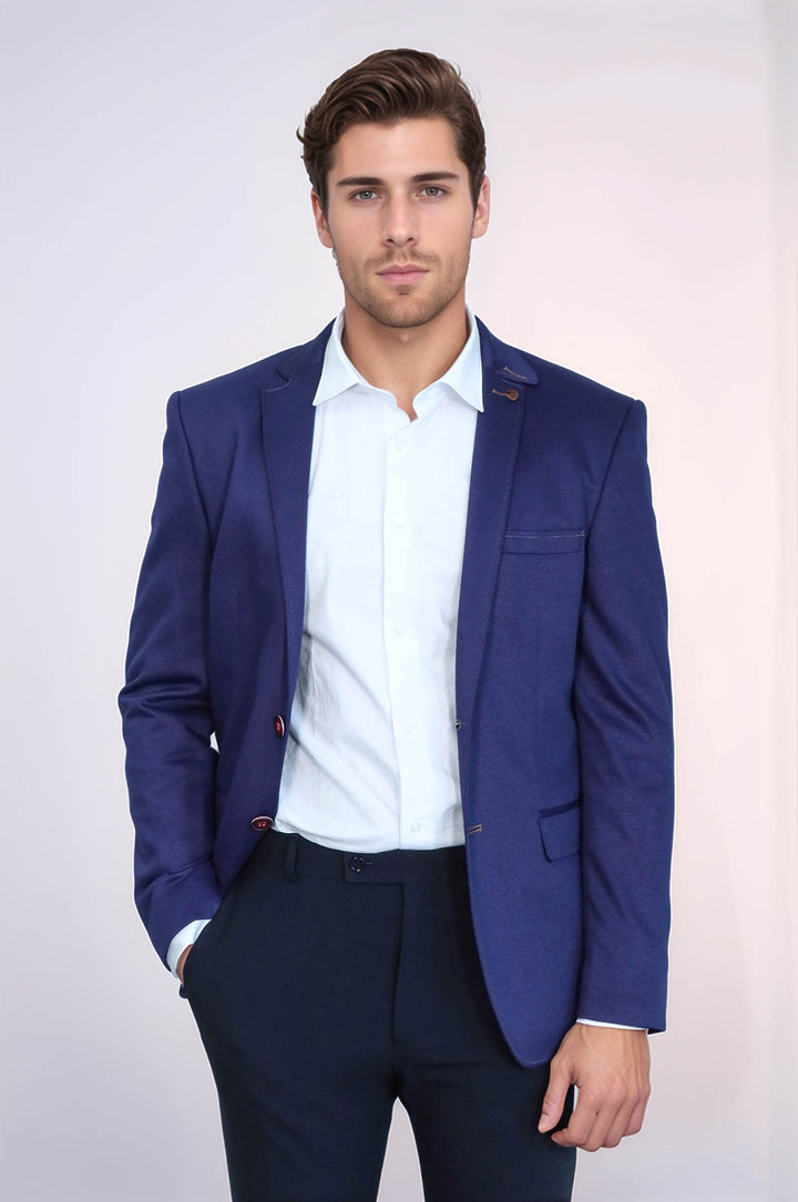 2 Button Combed Plaid Sax Blue Men Jacket - Wessi
