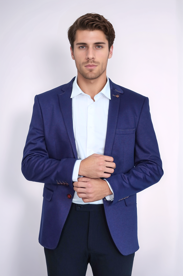 2 Button Combed Plaid Sax Blue Men Jacket - Wessi