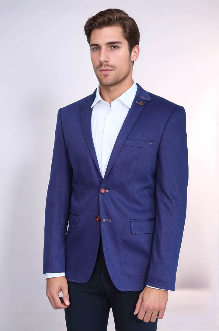 2 Button Combed Plaid Sax Blue Men Jacket - Wessi