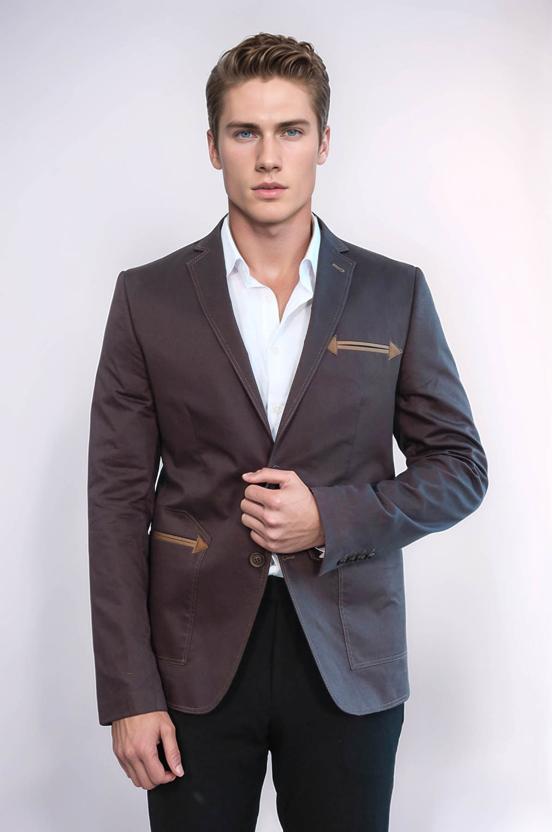 Double Button Mono Lapel Bag Pocket Cotton Brown Jacket-Wessi