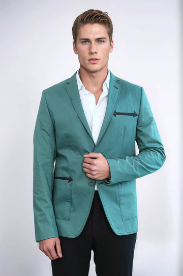Double Button Mono Lapel Bag Pocket Cotton Green Jacket-Wessi