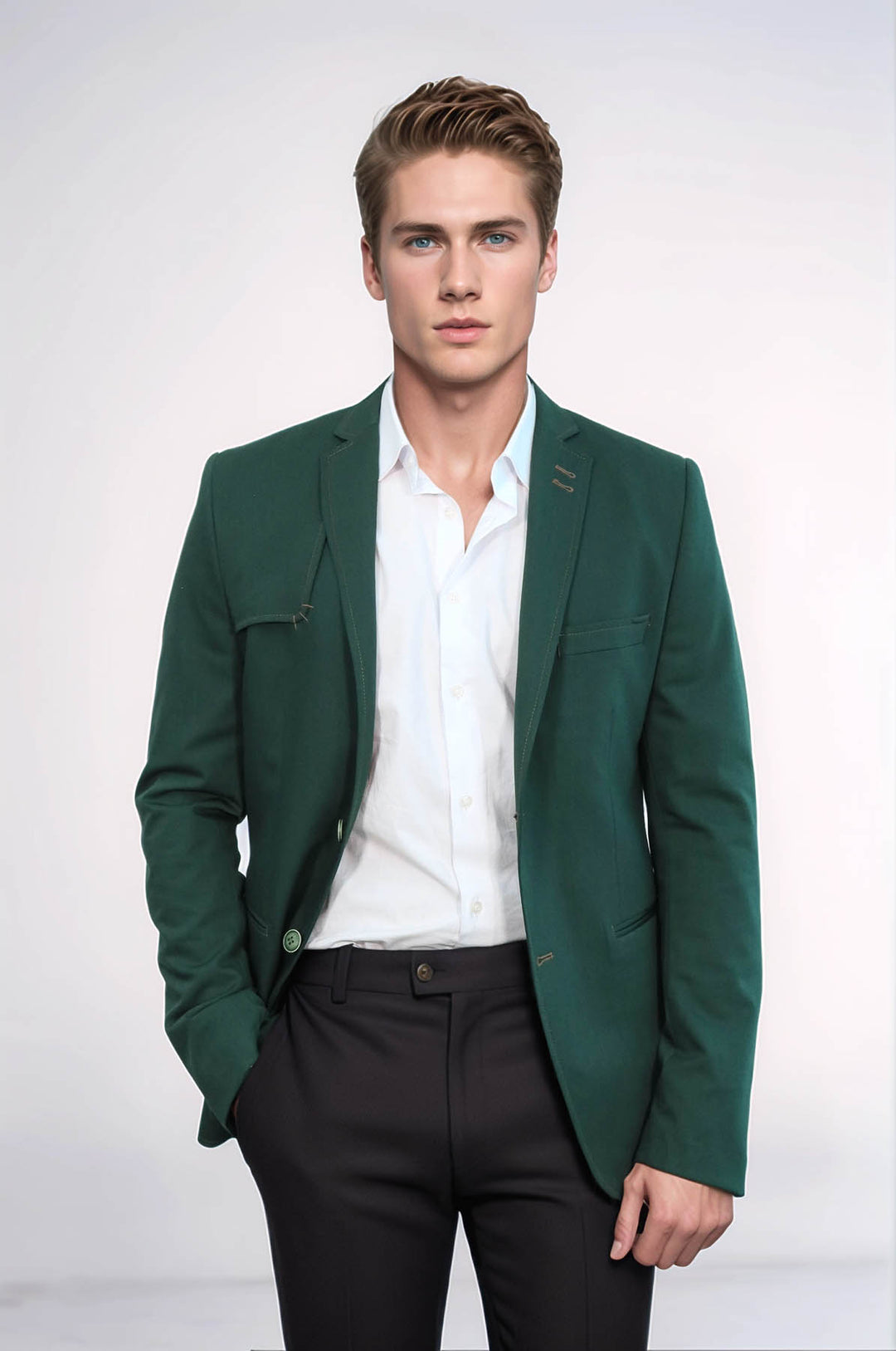 Chaqueta verde con solapa mono y botones dobles en el hombro-Wessi