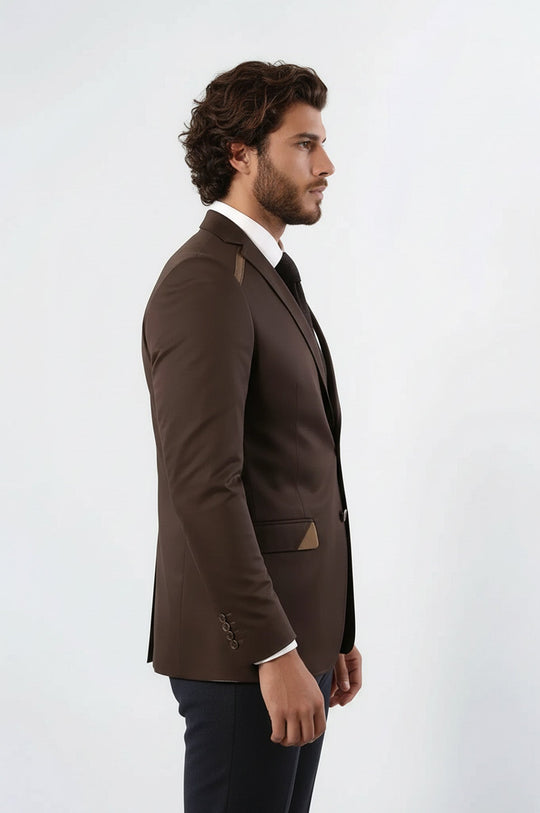 Double Buttons Mono Lapel Shoulder Piece Brown Jacket-Wessi