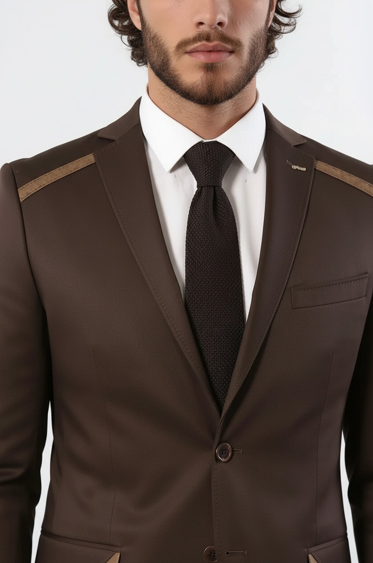 Double Buttons Mono Lapel Shoulder Piece Brown Jacket | Wessi