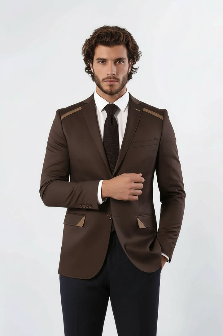 Double Buttons Mono Lapel Shoulder Piece Brown Jacket-Wessi