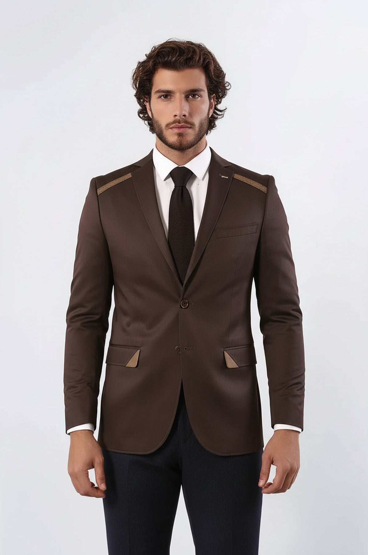 Double Buttons Mono Lapel Shoulder Piece Brown Jacket | Wessi