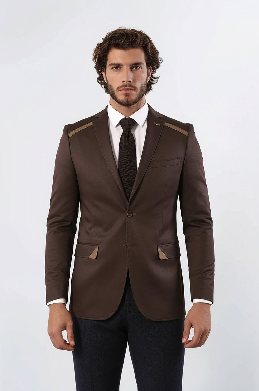 Double Buttons Mono Lapel Shoulder Piece Brown Jacket-Wessi