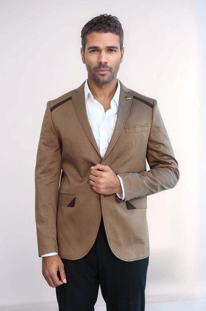 Double Buttons Mono Lapel Shoulder Piece Tan Jacket-Wessi