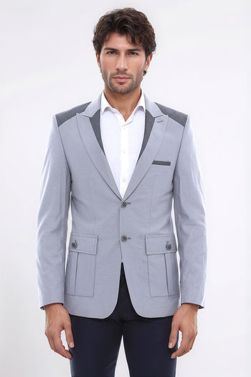 Double Buttons Bag Pocket Shoulder Piece Grey Jacket-Wessi