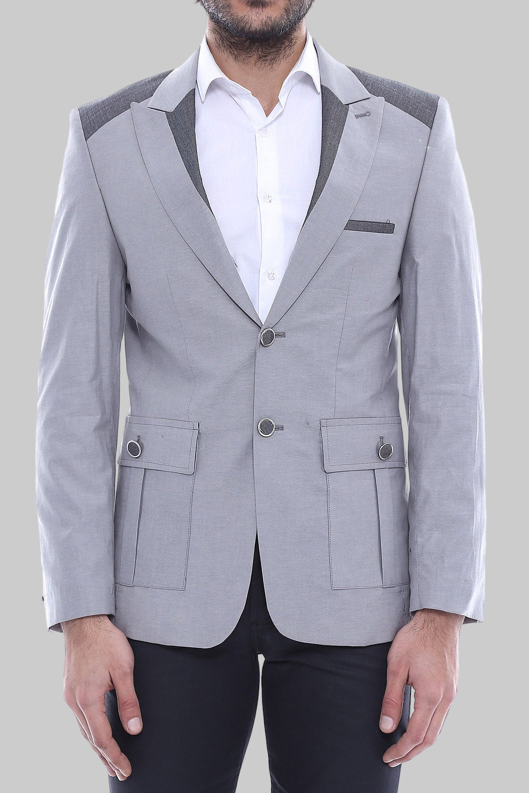 Bolso Doble Botones Bolsillo Hombro Pieza Chaqueta Gris-Wessi