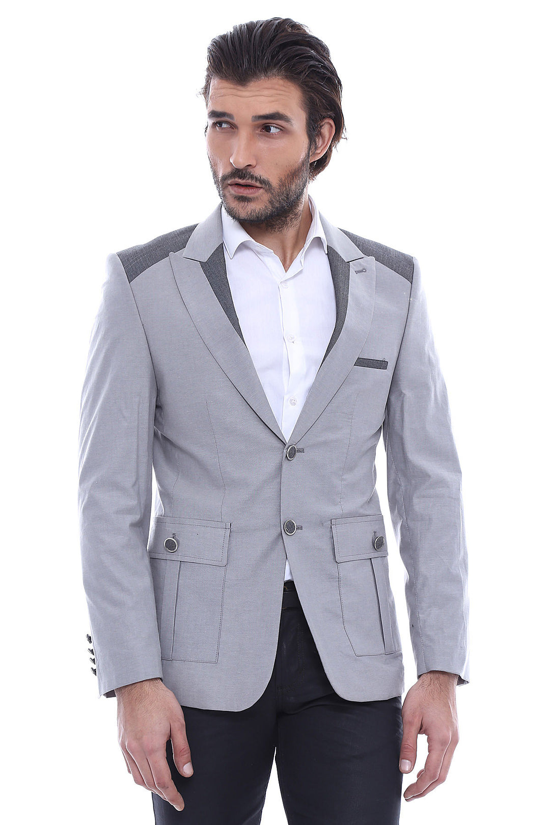 Bolso Doble Botones Bolsillo Hombro Pieza Chaqueta Gris-Wessi